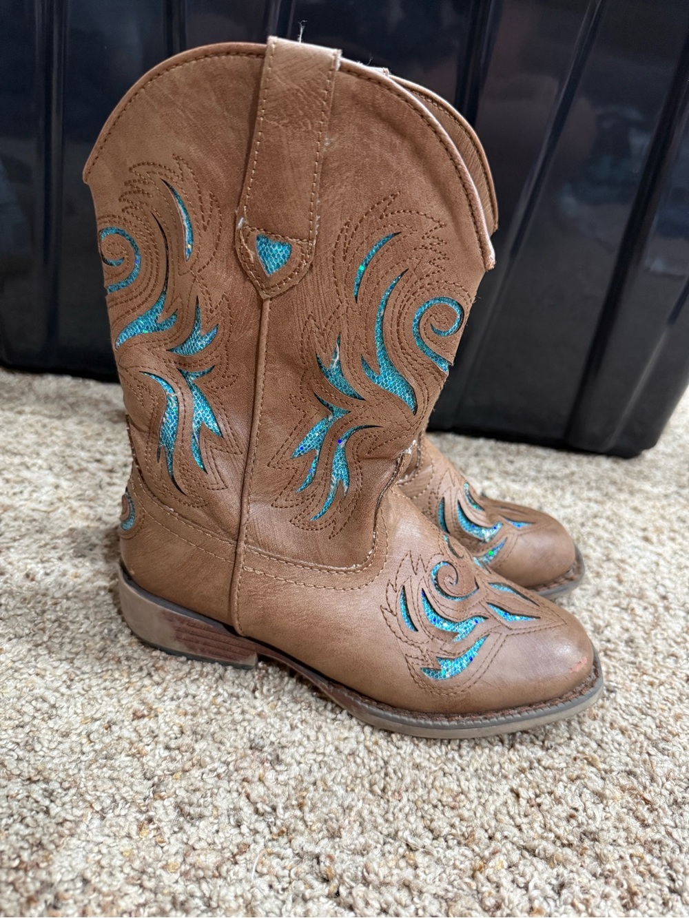 Roper Little Kids Western Cowboy Boots Size 1 Brown Turquoise Glitter